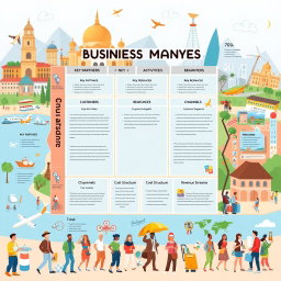 An engaging illustration of a Business Model Canvas tailored for the tourism industry, featuring each segment clearly labeled