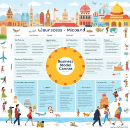 An engaging illustration of a Business Model Canvas tailored for the tourism industry, featuring each segment clearly labeled