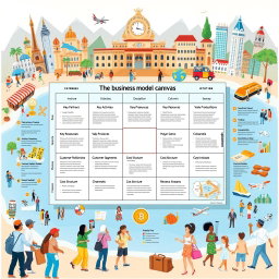 An engaging illustration of a Business Model Canvas tailored for the tourism industry, featuring each segment clearly labeled