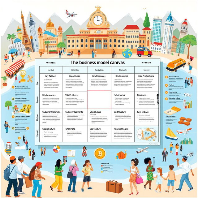 An engaging illustration of a Business Model Canvas tailored for the tourism industry, featuring each segment clearly labeled