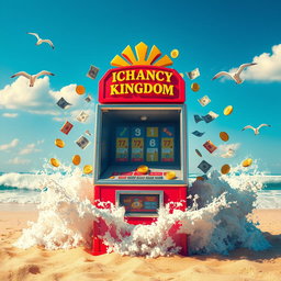 A vivid scene at the beach featuring a large, colorful betting machine labeled 'Ichancy Kingdom'