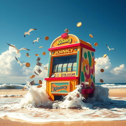 A vivid scene at the beach featuring a large, colorful betting machine labeled 'Ichancy Kingdom'