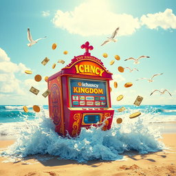 A vivid scene at the beach featuring a large, colorful betting machine labeled 'Ichancy Kingdom'