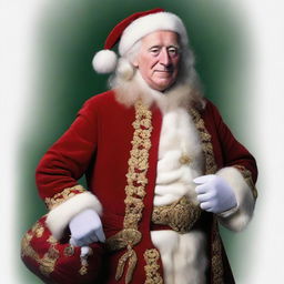 A whimsical image of King Charles III of England styled as Santa Claus, blending royal attire with Santa's traditional features such as a red suit, white beard, and a bag of presents.