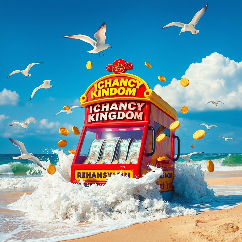 A vivid scene at the beach featuring a large, colorful betting machine labeled 'Ichancy Kingdom'