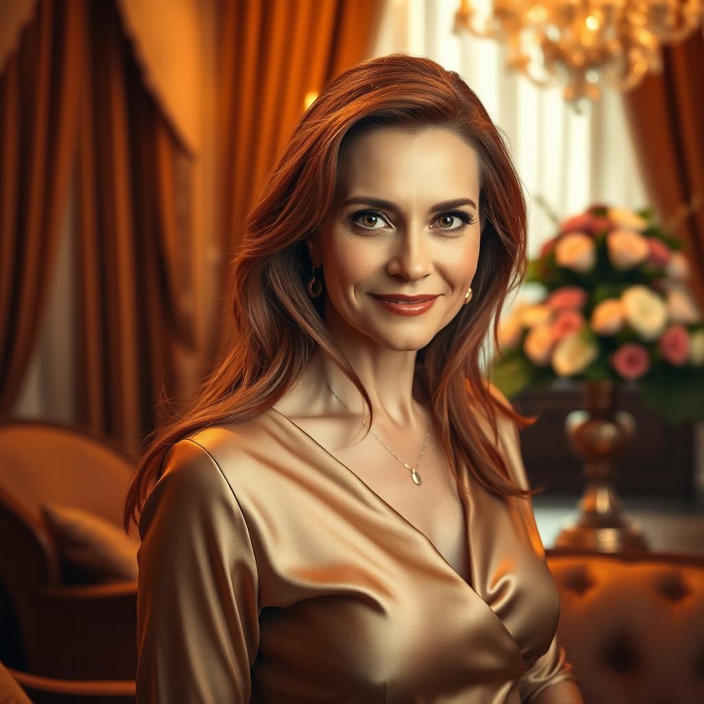 A highly detailed and realistic portrait of a mature woman in a luxurious setting