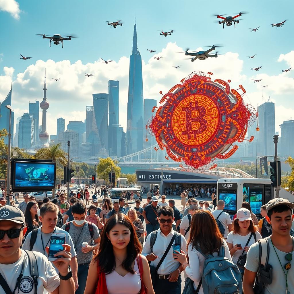 A futuristic landscape showcasing the concepts of Tourism, AI, IoT, Big Data, and Blockchain