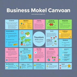 A visually striking and informative Business Model Canvas focused on the tourism industry, showcasing key components such as Customer Segments, Value Propositions, Channels, Customer Relationships, Revenue Streams, Key Activities, Key Resources, Key Partnerships, and Cost Structure