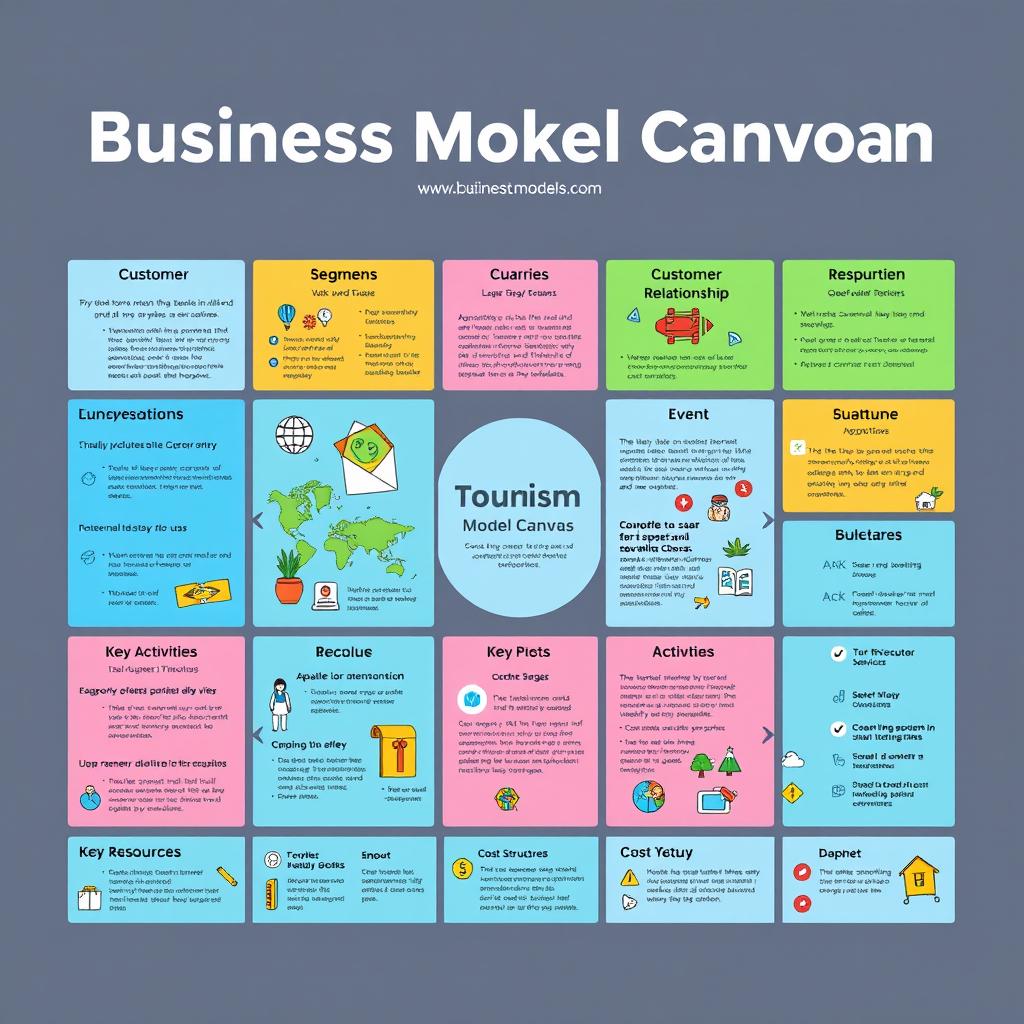 A visually striking and informative Business Model Canvas focused on the tourism industry, showcasing key components such as Customer Segments, Value Propositions, Channels, Customer Relationships, Revenue Streams, Key Activities, Key Resources, Key Partnerships, and Cost Structure
