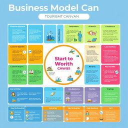 A visually striking and informative Business Model Canvas focused on the tourism industry, showcasing key components such as Customer Segments, Value Propositions, Channels, Customer Relationships, Revenue Streams, Key Activities, Key Resources, Key Partnerships, and Cost Structure