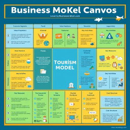 A visually striking and informative Business Model Canvas focused on the tourism industry, showcasing key components such as Customer Segments, Value Propositions, Channels, Customer Relationships, Revenue Streams, Key Activities, Key Resources, Key Partnerships, and Cost Structure