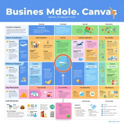 A visually striking and informative Business Model Canvas focused on the tourism industry, showcasing key components such as Customer Segments, Value Propositions, Channels, Customer Relationships, Revenue Streams, Key Activities, Key Resources, Key Partnerships, and Cost Structure
