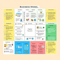 A comprehensive Business Model Canvas tailored for the tourism industry, detailing sections such as Customer Segments, Value Propositions, Revenue Streams, Key Activities, Key Resources, Key Partnerships, Cost Structure, Channels, and Customer Relationships