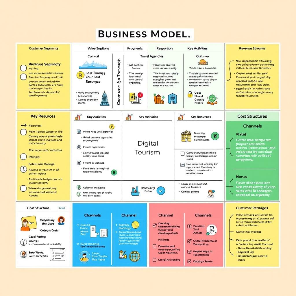 A comprehensive Business Model Canvas tailored for the tourism industry, detailing sections such as Customer Segments, Value Propositions, Revenue Streams, Key Activities, Key Resources, Key Partnerships, Cost Structure, Channels, and Customer Relationships