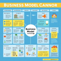 A comprehensive Business Model Canvas tailored for the tourism industry, detailing sections such as Customer Segments, Value Propositions, Revenue Streams, Key Activities, Key Resources, Key Partnerships, Cost Structure, Channels, and Customer Relationships