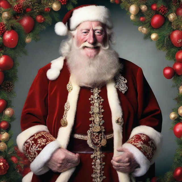 A whimsical image of King Charles III of England styled as Santa Claus, blending royal attire with Santa's traditional features such as a red suit, white beard, and a bag of presents.