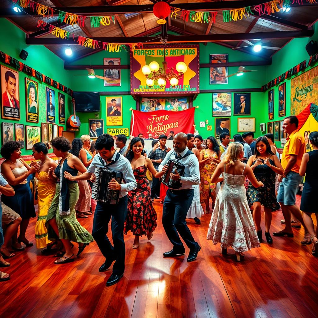 A vibrant and lively scene celebrating the classic Forró das Antigas music and dance culture