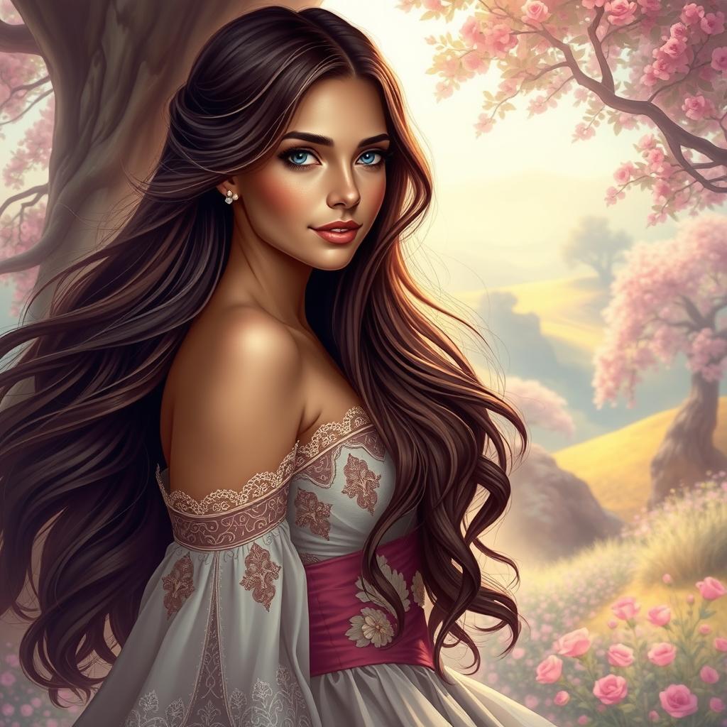 A captivating portrait of a stunning woman named Loira, with flowing long hair cascading down her shoulders, exuding confidence and grace