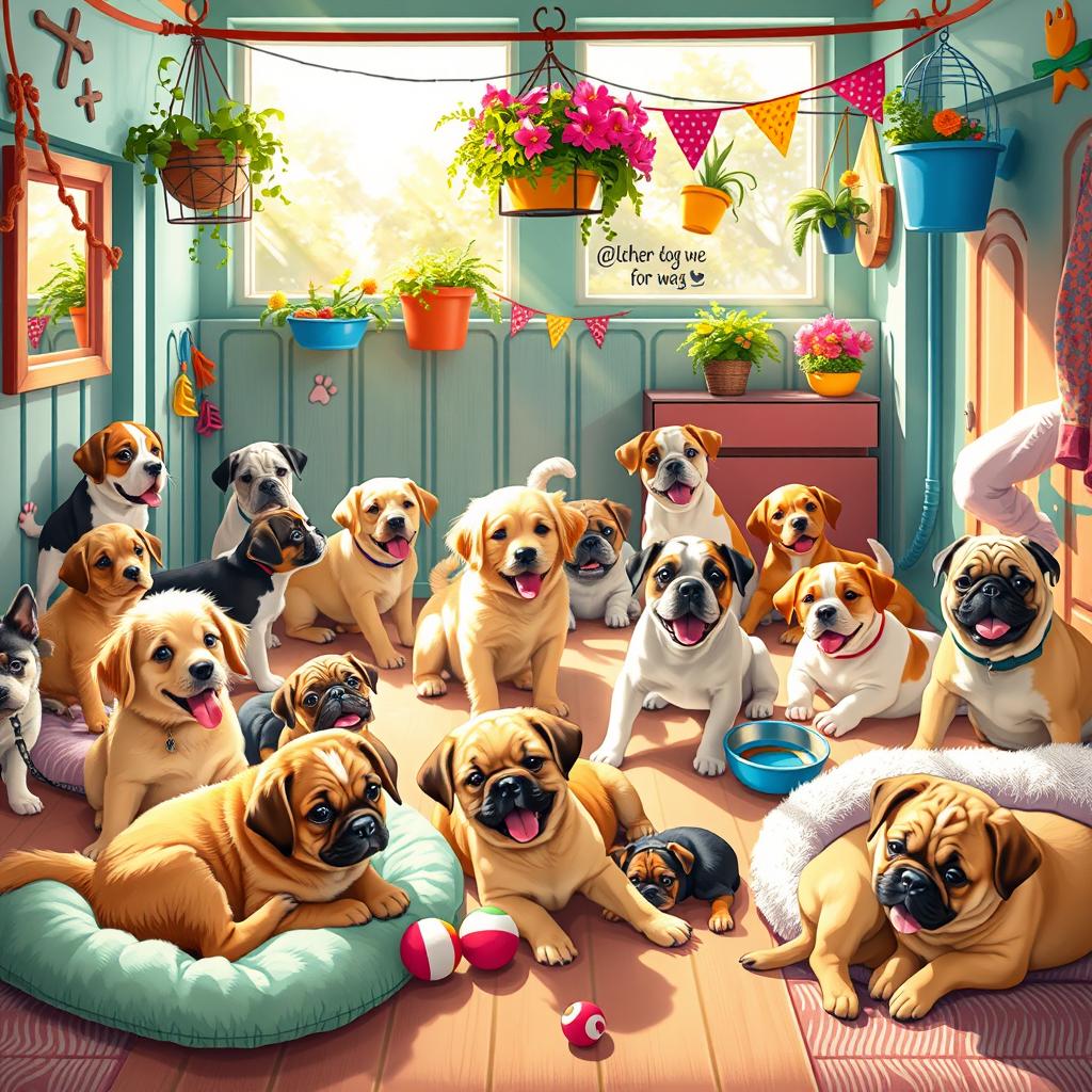 A vibrant and lively scene depicting various dogs in a colorful dog kennel environment