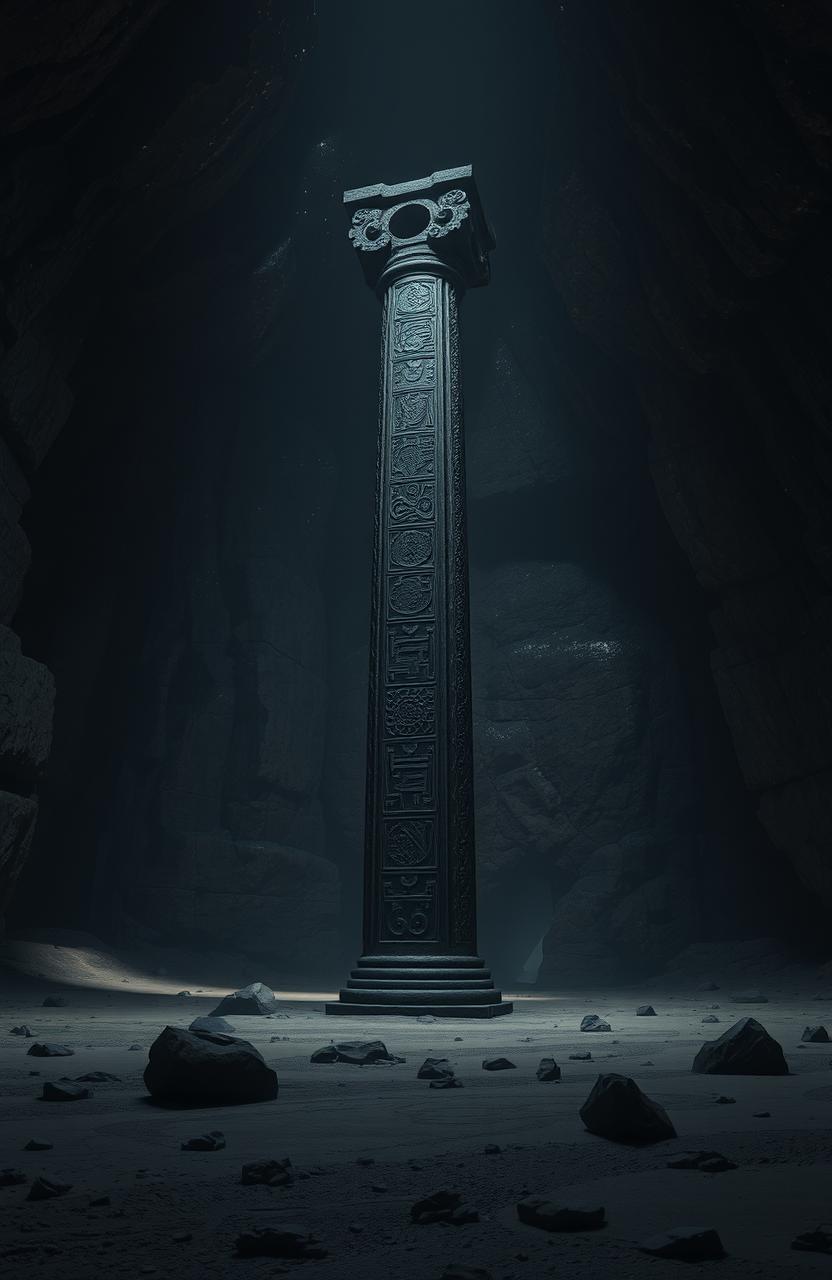Mystical Ancient Column in Enigmatic Cave - Idyllic AI Imagery