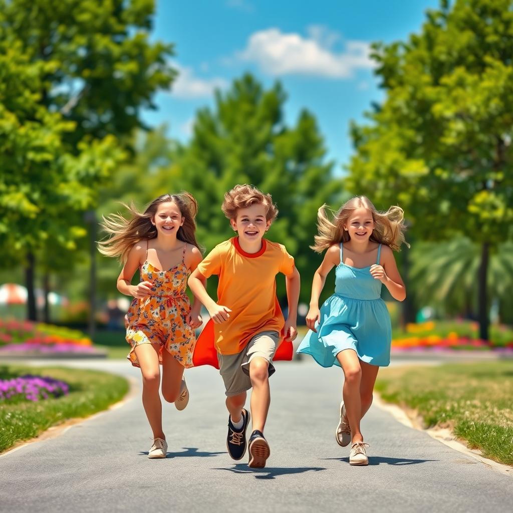 A dynamic scene depicting two teenage girls and a teenage boy with brown hair energetically running away in a sunny park setting