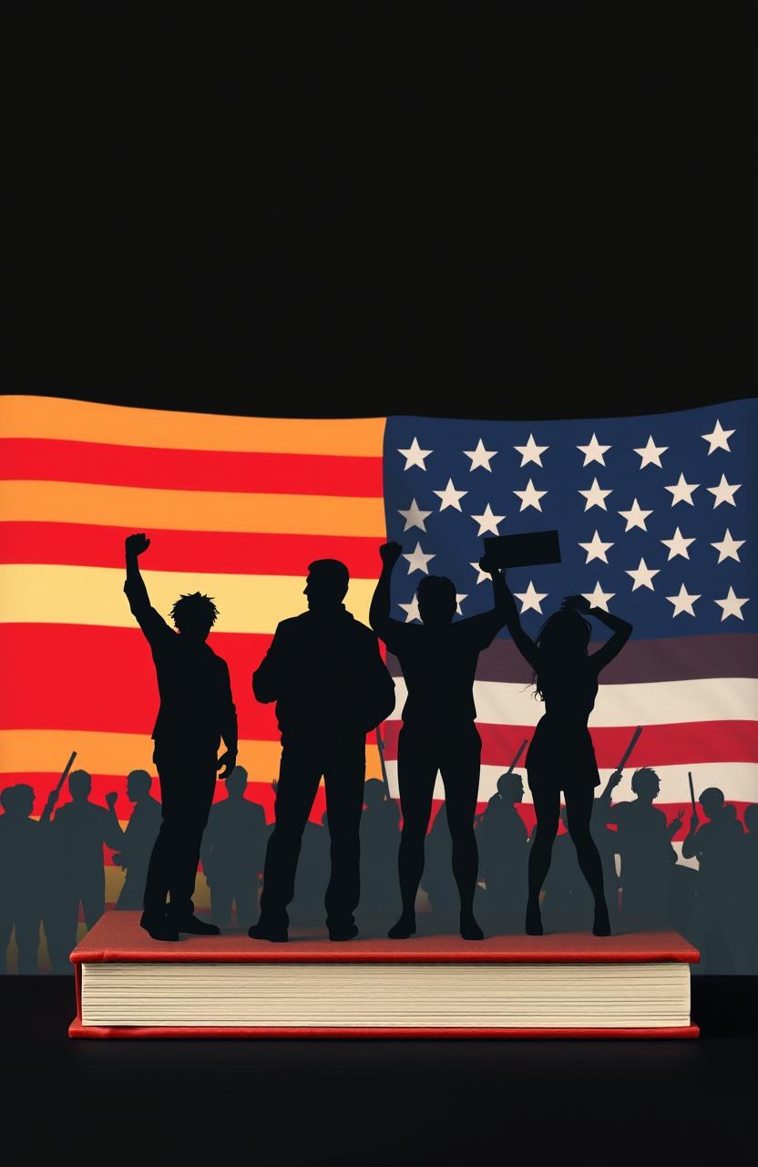 A high resolution book cover featuring a divided USA flag in the background, showcasing one half with bright, bold colors and the other half in muted tones, symbolizing division