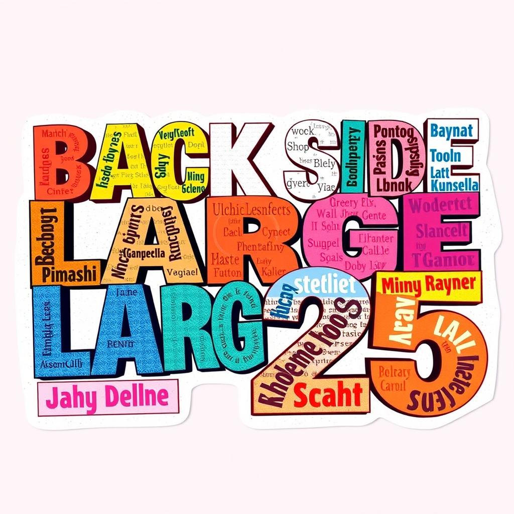A vibrant and artistic collage featuring the phrase 'Back Side Large 25' creatively designed with the names of various students incorporated into the letters and numbers