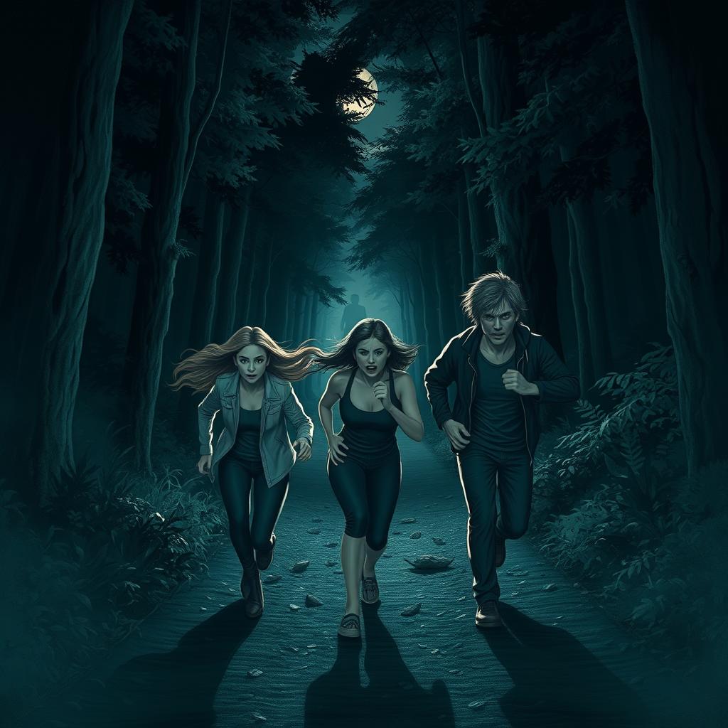 A tense and suspenseful scene depicting two women and one man running through a dark forest at night
