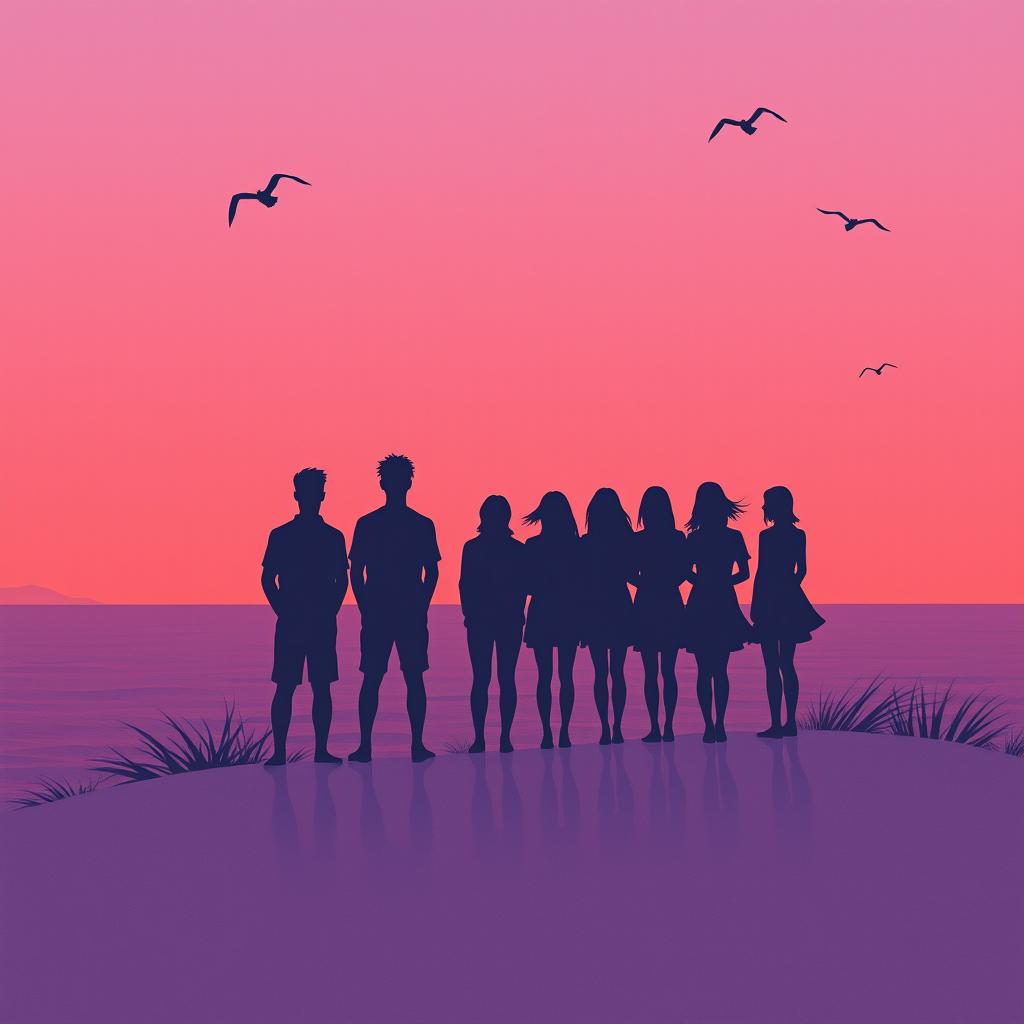 Imagine a realistic scene where a dreamy gradient of twilight purples and soft coral reds evokes the last light of a summer day