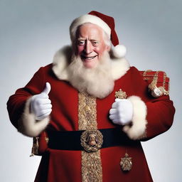 A whimsical image of King Charles III of England styled as Santa Claus, blending royal attire with Santa's traditional features such as a red suit, white beard, and a bag of presents.