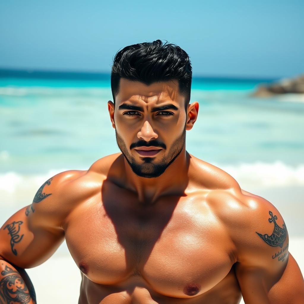 A handsome muscular man of Middle-Eastern descent, featuring dark hair, dark eyes, and a chiseled jawline complemented by a five o'clock shadow