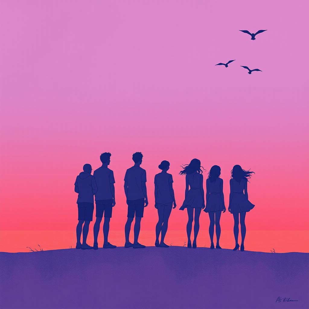 Imagine a realistic scene where a dreamy gradient of twilight purples and soft coral reds evokes the last light of a summer day