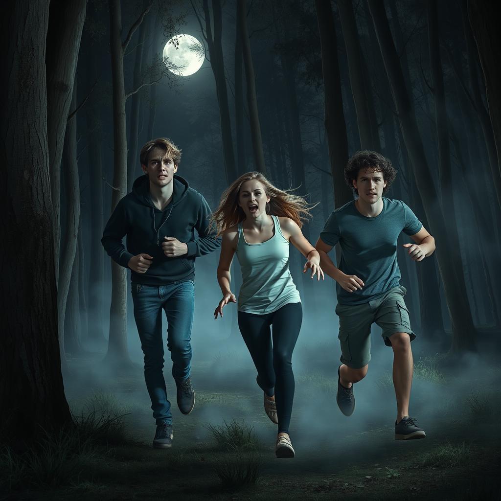 Three young adults running terrified through a dense, dark forest at night