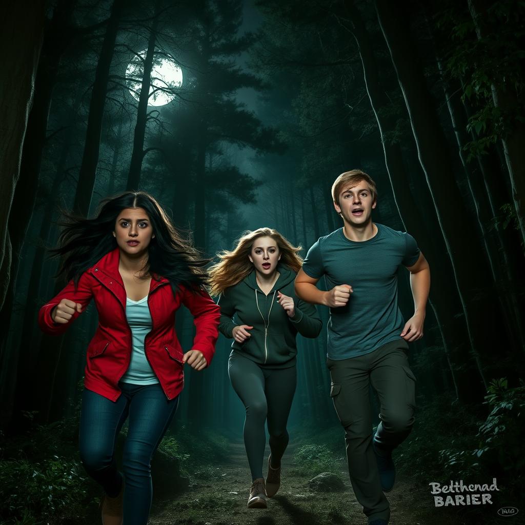 Three young adults running terrified through a dark, dense forest at night