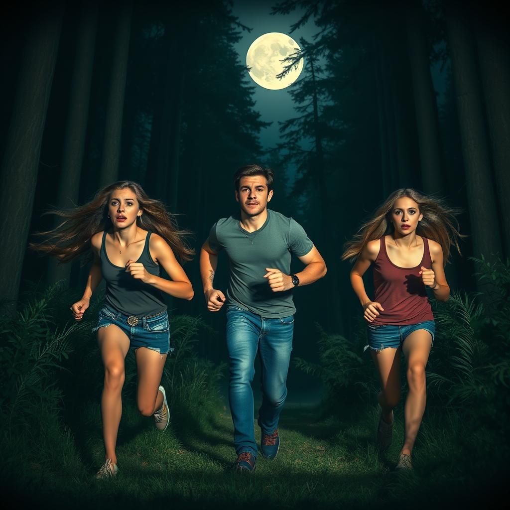 Three young adults running terrified through a dark, dense forest at night