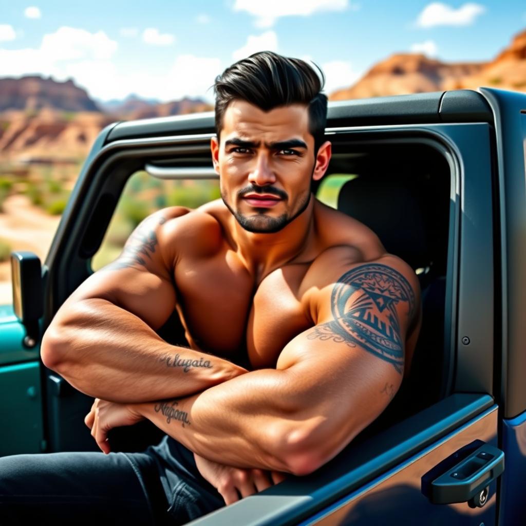 A handsome muscular man with dark hair, dark eyes, and a chiseled jawline, featuring a five o'clock shadow and deep tanned skin