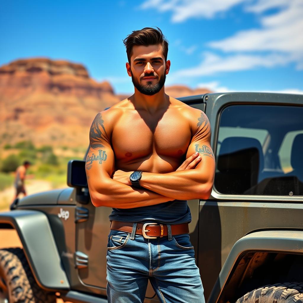 A tall, dark, and handsome man in his early thirties, featuring a touch of beard scruff and deep tanned skin