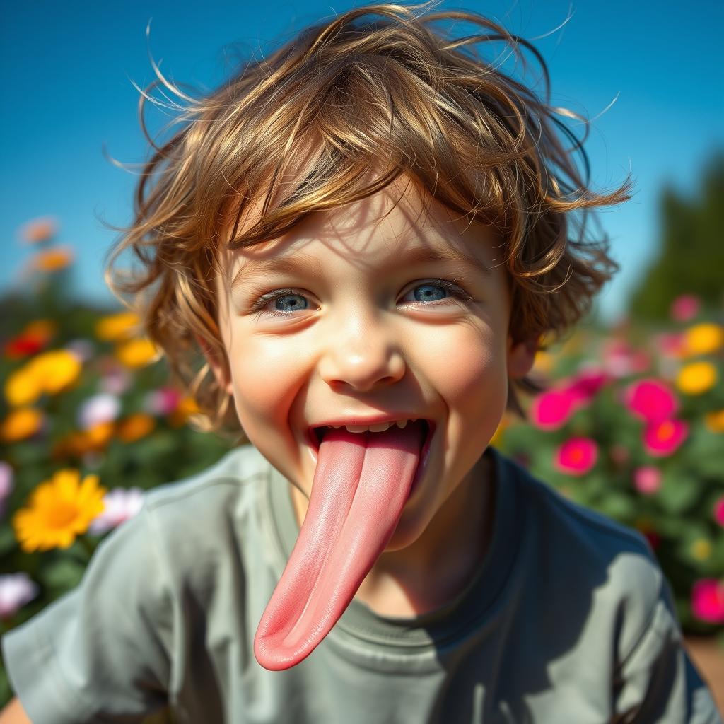 A whimsical portrait of a young boy with an exaggeratedly long tongue, playfully sticking it out