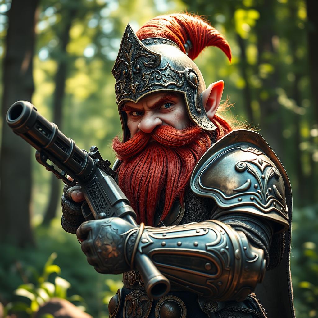 A fierce gnome gunner clad in intricately designed metal armor, standing ready for battle