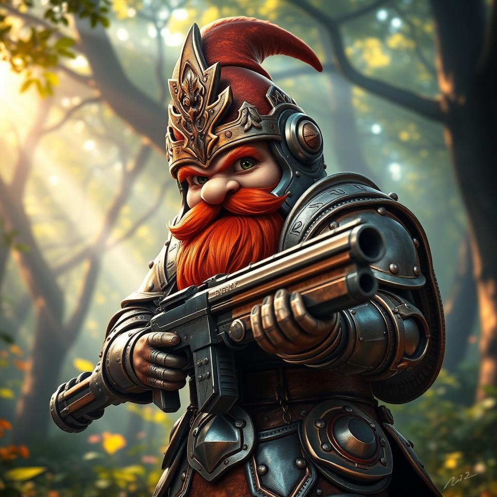 A fierce gnome gunner clad in intricately designed metal armor, featuring a mix of bronze and silver tones, standing confidently with a meticulously crafted firearm