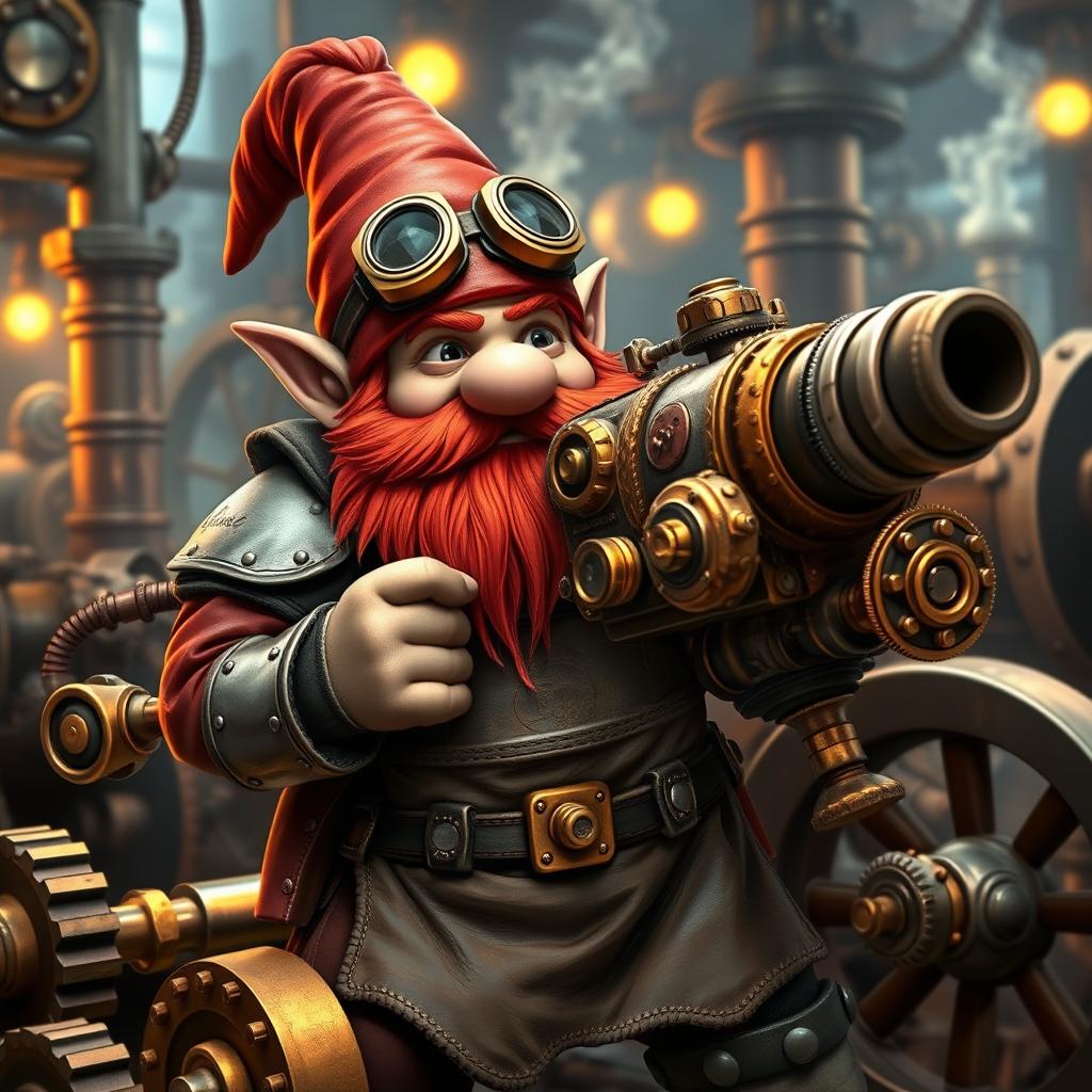 A brave gnome gunner equipped with a magnificent steampunk cannon, intricately designed with brass gears and copper pipes, showcasing its mechanical complexity