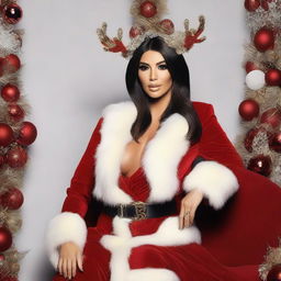 Kim Kardashian dressed in a high-fashion Santa Claus inspired outfit, mixing elements of haute couture with the traditional holiday symbols of the red suit, white trim, and chic reindeer accessories.