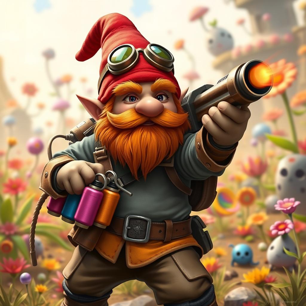 A spirited gnome gunner in vibrant gear, showcasing a collection of colorful grenades strapped across his body