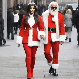 Kim Kardashian dressed in a high-fashion Santa Claus inspired outfit, mixing elements of haute couture with the traditional holiday symbols of the red suit, white trim, and chic reindeer accessories.