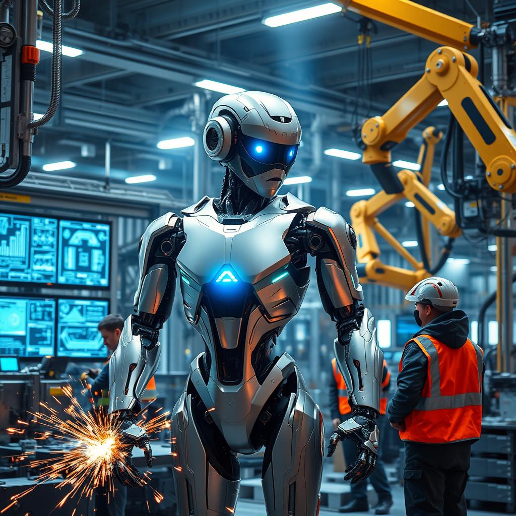 A futuristic factory scene where a highly advanced robot is being assembled