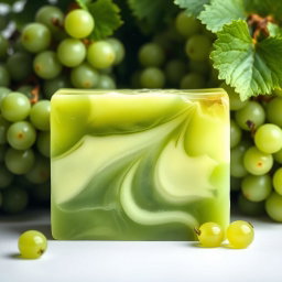 A beautifully crafted soap bar designed to resemble a block of luxurious soap infused with vibrant green grapes, showcasing intricate details that highlight the texture of the grapes and the smoothness of the soap