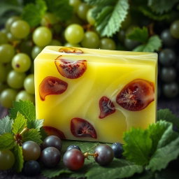 A beautifully crafted soap bar designed to resemble a block of luxurious soap infused with vibrant green grapes, showcasing intricate details that highlight the texture of the grapes and the smoothness of the soap