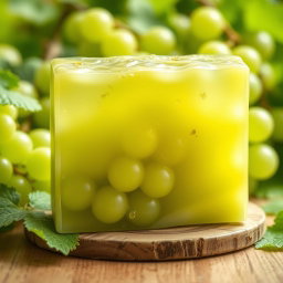 A beautifully crafted soap bar designed to resemble a block of luxurious soap infused with vibrant green grapes, showcasing intricate details that highlight the texture of the grapes and the smoothness of the soap