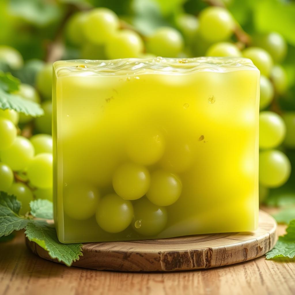 A beautifully crafted soap bar designed to resemble a block of luxurious soap infused with vibrant green grapes, showcasing intricate details that highlight the texture of the grapes and the smoothness of the soap