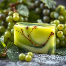 A beautifully crafted soap bar designed to resemble a block of luxurious soap infused with vibrant green grapes, showcasing intricate details that highlight the texture of the grapes and the smoothness of the soap